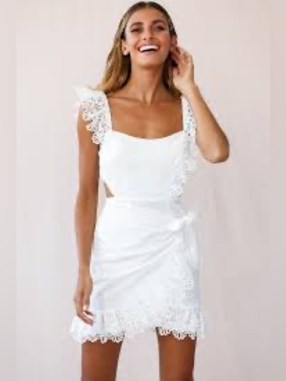 Selfie Leslie Wms Cotton Embroidery Lace Cutout Wrap Boho Resort Mini Dress  M